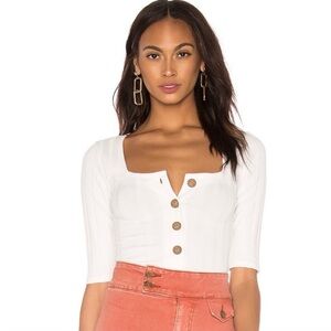Free People White Ribbed Button Front Top XS Scoop Neck 3/4 Sleeve